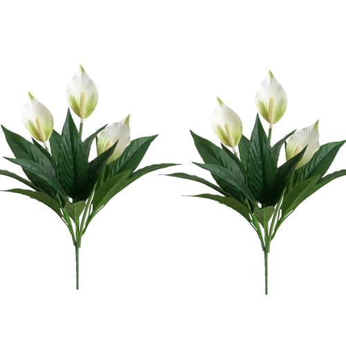 2 Packs Artificial Spathiphyllum Silk Plants 18.5" Faux Peace Lily Anthurium Flower for Wedding Home Garden Decoration (White) - color: White