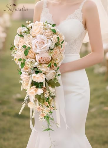 Serwalin 11 Inch Champagne Wedding Bouquets for Bride Bridesmaid, Artificial Rose Bridal Bouquets for Bride, Wedding Flowers Bouquet Tossing Bouquet, Wedding Ceremony and Anniversary - color: Champagne
