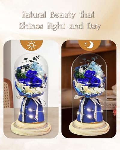 HVY Preserved Real Flowers Bouquet Gifts for Her,Forever Flowers Gift for Women,Preserved Blue Rose in Glass Dome with LED Light Ideal for Christmas,Birthday,Anniversary,Valentine's Day, Mother's Day - color: Blue Rose