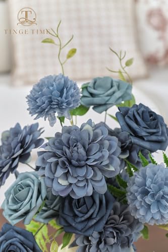 TINGE TIME Artificial Flowers Combo Box Set, Dusty Blue Roses Gradient Color Fake Roses with Stems for DIY Wedding Bouquets Table Centerpieces Baby Shower Home Party Floral Arrangements Decorations - color: Navy Blue