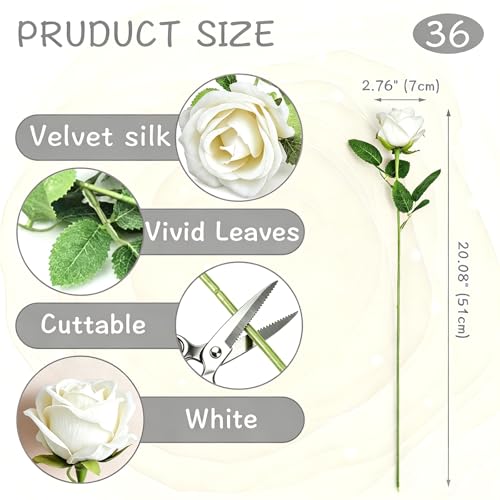 Rose Artificial Flowers Velvet Bouquet with Long Stem Real Touch Fake Roses Florals for Bridal Wedding Bouquet Party Arrangement Centerpiece Decorations (36, White) - color: White