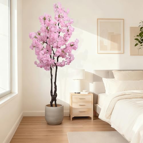 Faux Pink Cherry Blossom Tree 6ft(72in) Tall Artificial Japanese Sakura in Pot Realistic Cherry Plant Decor Handmade Natural Fake Pink Flower Tree for Wedding,Living Room,Spring Decor - color: Cherry Blossom(pink 9), size: 6ft