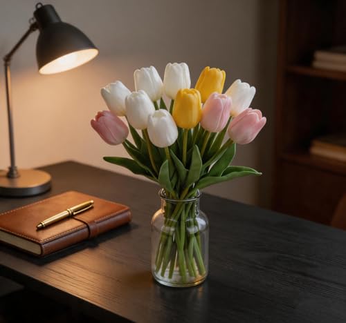 9pcs Multicolor Artificial Tulips Flowers Faux Tulip Bouquet Real Touch Flower Arrangement for Spring Easter Home Kitchen Wedding Bouquet Bulk Mother's Gift Day Decorations