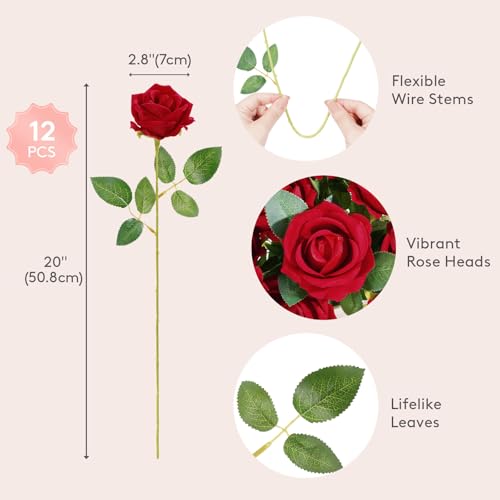 Lifewit Classic Red Artificial Roses Flowers, Faux Long Stem Silk Roses Bulky for DIY Wedding Bouquets Decoration, Centerpieces Arrangements, Velentine,12 Pcs - color: Red