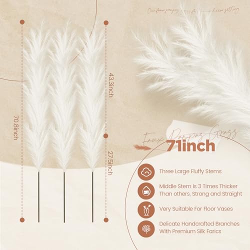 Zeyune 5 Pcs 71'' Large Faux Pampas Grass Decor Tall Faux Pampas Grass Splicable Fake Dried Boho Home Decor Beige Feathers for Vase Artificial Floral for Wedding Home Party Boho Decoration (Beige)