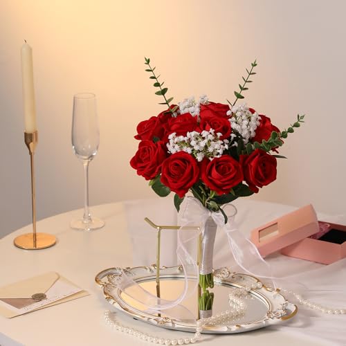 Hawesome 12PCS Artificial Flowers Fake Roses, Realistic Velvet Long Stem Red Roses Bouquet for Wedding Centerpiece Home Decor Party & Valentines (Red) - color: Red