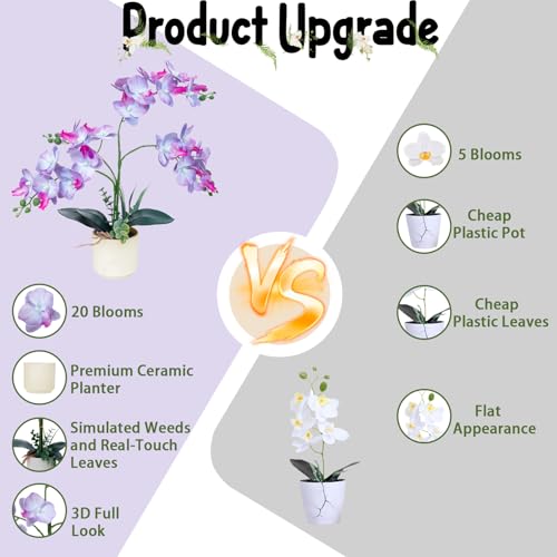ucky Purple 15.7" 3D Lifelike Artificial Orchid Plant with 20 Heads, Realistic Faux Phalaenopsis in Ceramic Pot for Home Decor, Elegant Fake Flower Arrangement Table Centerpiece - color: Purple