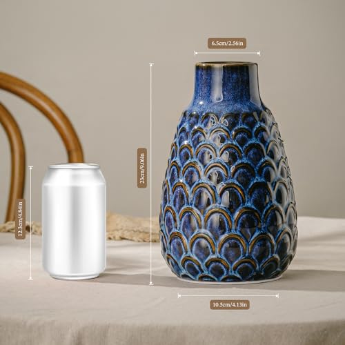 Ceramic Flower Vase, 9.06” Vintage Blue Pottery Vase for Home Decor, Rustic Textured Vase for Pampas Grass, Living Room, Entryway, Mantel, Kitchen Table, Centerpiece - color: 403-blue