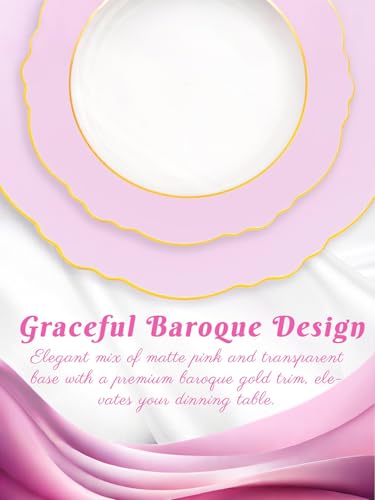 WDF 60Pcs Pink Plates Disposable with Gold Rim - Baroque Clear Pink and Gold Plastic Party Plates Ideal for Wedding/Baby Shower/Spring - color: Clear Pink with Gold Rim, size: 60PCS