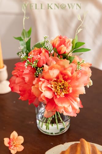 WELL KNOWN Artificial Flowers in Glass Vase with Fake Water, Silk Peony Flower Bouquet for Home Dinning Tea Table, Office Desktop, Hotel, Wedding, Party, Lavatory Decor & Gift (Coral and Orange) - color: Coral and Orange