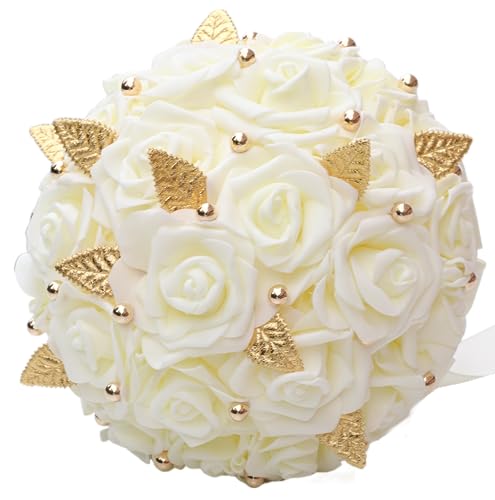 Handmade Wedding Bouquet Artificial PE Rose Bridal Bridesmaid Bouquet with Soft Ribbons Wedding Hand Holding Bouquet Artificial Fake Flowers Toss Bouquet(A-Ivory, 6.7"/17cm) - color: A-ivory, size: 6.7"/17cm