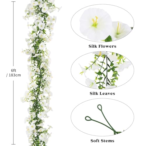 2 Pack Artificial Petunias Flowers Garlands, 6FT White Morning Glory Fake Hanging Flowers Eucalyptus Vines for Decoration Silk Flowers for Outdoor Home Garden Wall Wedding Decor(White) - color: White