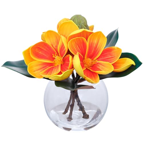 Yellow Magnolia Artificial Flowers with Vase Fake Magnolia Flowers Indoor Real Touch Flowers with Faux Water for Home Decor Centerpieces for Tables - color: Yellow Magnolia