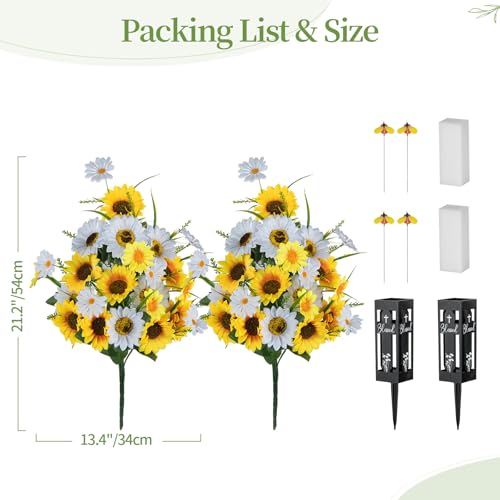 Artificial Cemetery Flowers for Grave: 2 Pcs Yellow White Sunflower Grave Flower Bouquets for Cemetery Decorations - Spring Outdoor Gravesite Flowers with Vase - color: Yellow & White