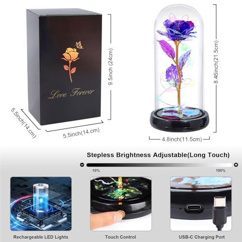 Mothers Day Flowers Gifts for Mom Birthday Gift Rechargeable Galaxy Glass Rose in Glass Dome Forever Crystal Rose Flowers Anniversary Mother's Day Roses Gifts for Daughter Wife Women Grandma Purple - color: Usb-b Purple