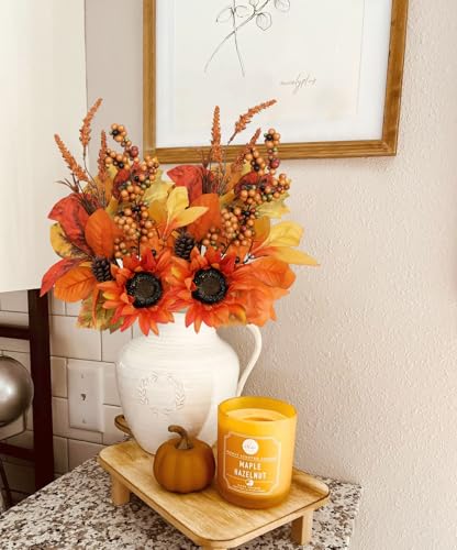 Briful Set of 2 16in Fall Orange Sunflower Picks and Sprays with Pinecones Berries Eucalyptus Leaves Artificial Fall Floral Branches Stems for Autumn Home Wedding Party Vase Centerpieces Decor - color: Orange Brown