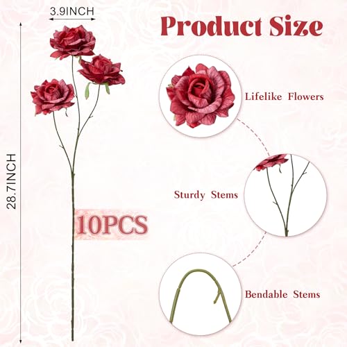 INXUGAO Artificial Flowers Fake Roses for Outdoor, 10Pcs 28" Long Stem Silk Red Roses for Wedding Indoor Outside Party Decor, Realistic Faux Bouquet for Tall Vase Planter - color: Rose-red 10 Pcs