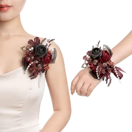 Ling's moment 2pcs Prom Wrist/Shoulder Corsage Artificial Flower, Girl/Mother Homecoming/Wedding Corsage Wristlet Décor, etc. Black Gothic Burgundy - color: Blk-black & Gothic Burgundy