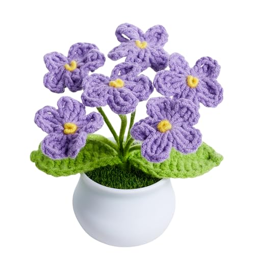 Purple Crochet Flowers Cute Handmade Knitted Potted Flower Plants Valentines Gift for Women Female Teacher Birthday Anniversary Decor for Car Dashboard Home Room Office Desk Decorations - color: Purple