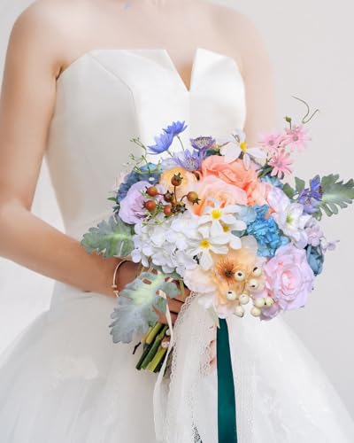 Kisflower Artificial Flowers Combo Dusty Blue Cake Flowers Decorations Fake Hydrangea Dahlia Silk Rose Gift Box for DIY Wedding Bridal Bouquet Floral Arrangement Party Holiday Decor (Fairy Blue&Pink) - color: Fairy Blue&pink