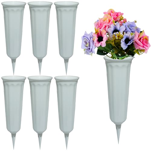 Memorial Floral Vases, Cemetery Vase, Headstones Flower Holder, Grave Cone Vase, Flower Pots for Outdoor Plants, Decorative Plastic Containers (Set of 6, White) - color: White