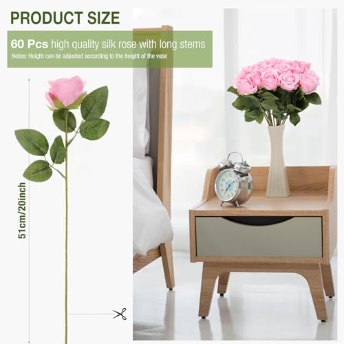 Jexine 60 PCS Artificial Roses Bulk Silk Flowers with Long Stems, Realistic Faux Rose Bouquet for Wedding Centerpieces, Valentine’s Party, Home Decor(Pink) - color: Pink