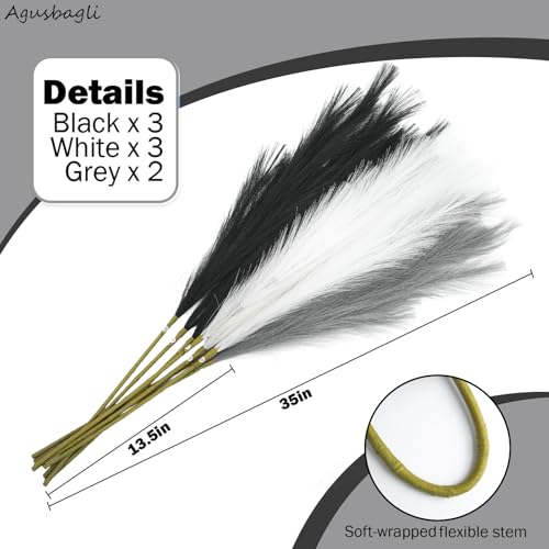 Agusbagli 8 Pcs Black Faux Pampas Grass Decor 35“ Fluffy Tall Artificial Colored Pampas Grass Large Fake Pompous Grass Stems White Flower Arrangement Floor Vase Filler for Home Wedding Boho Decor - color: Black & White & Grey