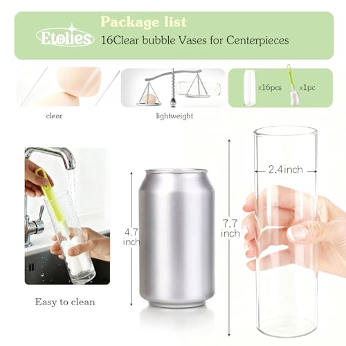 16Pcs Glass Cylinder Bud Vases for Centerpieces, 7.7 Inch Tall Clear Flower Vases in Bulk, Floating Candle Holder for Wedding, Party, Home Decor, Birthday, Decoration, Anniversary, Baby Shower