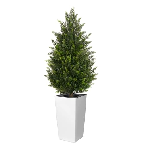 4FT Tall Artificial Cedar Topiary Tree with Compact Pyramidal Shape, Realistic Faux Cypress in Square White Pot with Fillable Water Bag, Outdoor Evergreen for Front Porch Garden Home Decor - color: White-pyramid Topiary, size: 4ft-1pack