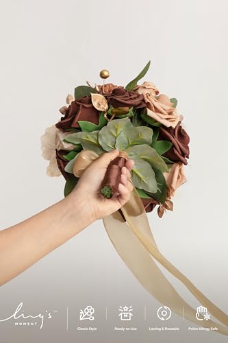 Ling's moment Walnut Brown Artificial Wedding Flower Bouquets for Bridesmaids Brown Floral Bouquet Golden Glove Bridesmaid Bouquets with Ribbon Ceremony Anniversary,7-inch Diameter - color: Br-walnut Brown & Golden Glove