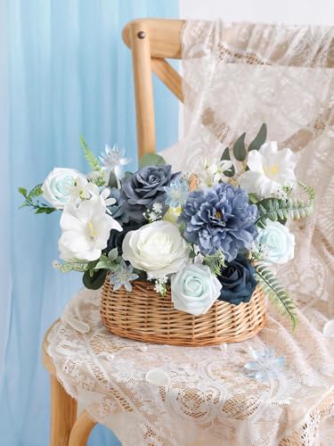 Artificial Flowers Combo Box Set,Dusty Blue Fake Roses Silk Flowers with Stems for DIY Wedding Bridal Bouquets,Floral Arrangement,Table Centerpieces,Baby Shower,Home Decorations - color: Dusty Blue