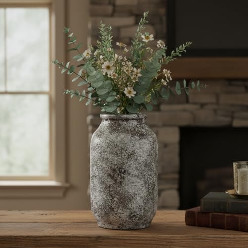 Ceramic Rustic Farmhouse Vase, Terracotta Pottery Flower Vase, Farmhouse Decor for Shelf, Table, Living Room, Bedroom Decor, 9 Inch - color: Rustic Brown White