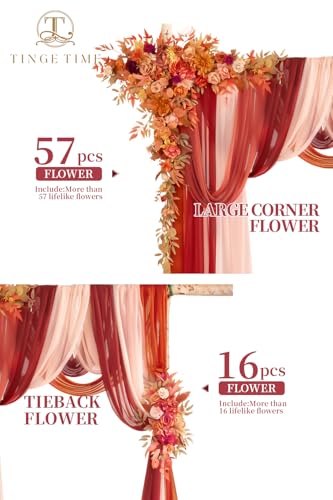 TINGE TIME Wedding Arch Flowers Kit - Deluxe 5pcs Artificial Floral Swag with 3 Sheer Drapes, Realistic Silk Flower Arrangements for Fall Wedding Ceremony Arbor Backdrop Reception Party Home Decor - color: Maplered
