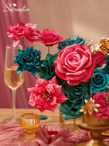 Serwalin Artificial Flowers, Hot Pink & Teal Fake Silk Flowers for DIY Wedding Bridal Bouquets Faux Cake Flowers for Table Centerpieces Party Baby Shower Floral Decorations - color: A Gorgeous Hot Pink & Teal, size: 1 Box