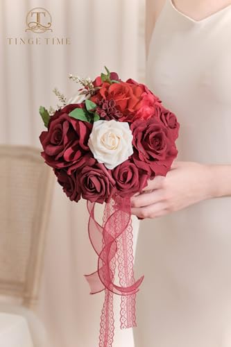 TINGE TIME Burgundy Bridesmaid Bouquets Set of 4 for Wedding Wedding Bouquets 7 Inch Artificial Silk Flowers Bridal Bouquets for Bridesmaids, Wedding Decor, Anniversary, Party - color: Burgundy Red