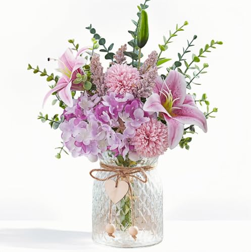 Faux Flowers with Vase, Artificial Silk Flowers in Vase for Mom Gifts, Fake Pink Lily, Hydrangea and Dandelion, Arrangement for Home Spring & Summer Decor Dining Coffee Table Centerpiece Decorations - color: Purple & Pink