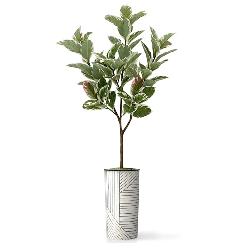 Artificial Tree in Geometric Pattern Planter, Fake Rubber Silk Tree for Indoor and Outdoor Home Decoration - 70" Overall Tall (Plant Pot Plus Tree) - style: Rubber