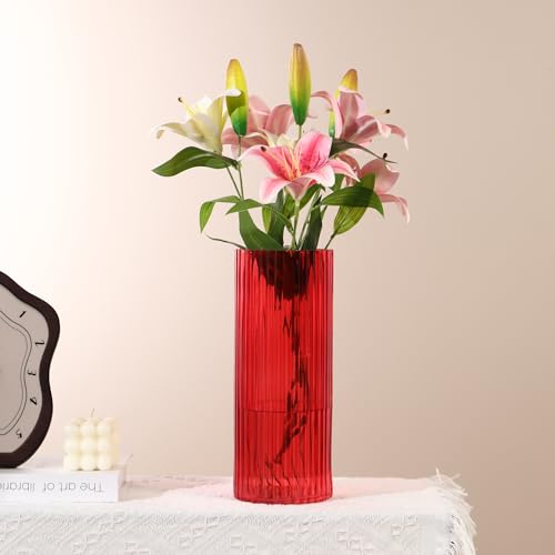 Red Glass Vase for Flowers, Ribbed Glass Vase for Tulips, Modern Red Vases, Tall Cylinder Glass Vases for Living Room, Bedroom, Dining Table, Office, Wedding, Bookshelf, 10 Inches - color: Red, size: 10''