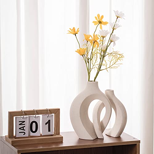 Liotww Ceramic Vases for Home Decor Set of 2, Off White Boho Small Flower Vase, Minimalist Decorative Modern Donut Vase for Living Dining Room Office Entryway Book Shelf Coffee Console Table Décor - color: Large-matte White