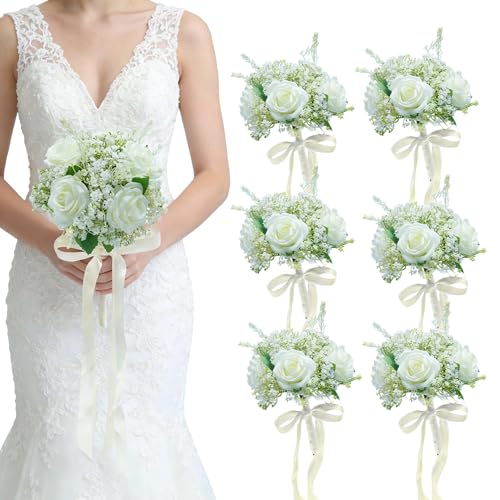 Artificial Bridesmaid Bouquets Set of 6 - Ivory White 9 Inch Various Flower Bouquet for Wedding Party Ceremony Dinning Table Centerpieces Decor Faux (Rose & Babys Breath & Ribbon) - color: Rose