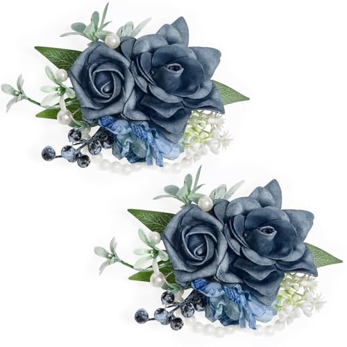 Rose Blue Wrist Corsage for Wedding Prom, Handmade Artificial Flower Corsage Bracelets for Bride,Bridesmaid,Mother,Porm Corsage for Homecoming,Party Anniversary(Set of 2) - color: Blue, size: 2 Wrist Corsages