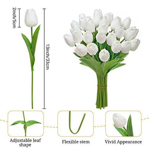 Ouddy Decor 30 Pcs White Tulips Artificial Flowers Real Touch PU Faux Flowers Fake Tulips Stems for Spring Summer Bouquet Floral Room Table Party Wedding Easter Mothers Gifts Home Decorations - color: White