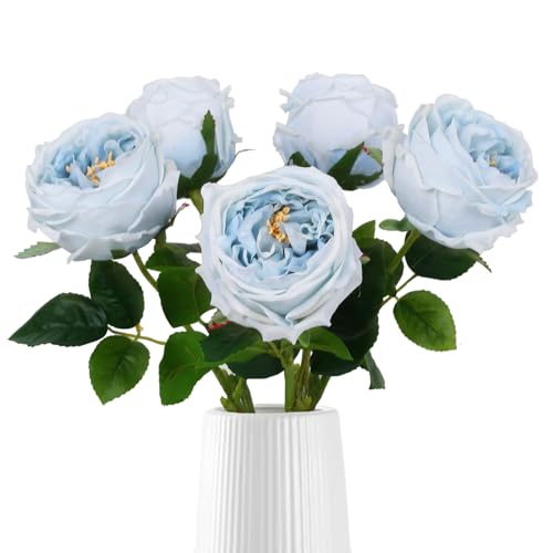 IPOPU Blue Roses Artificial Flowers 5PCS Real Touch Peonies Faux Austin Roses with Stems for Wedding Bouquet Party Home Decor (Blue) - color: Blue