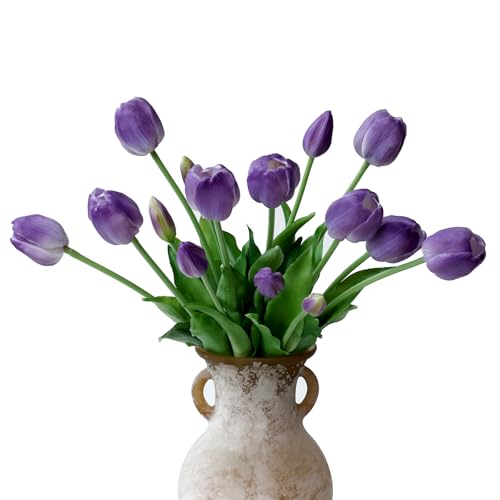 mizii 15Pcs Purple Tulips Artificial Flowers Latex Plastic Real Touch Fake Tulips Flowers Look Real Faux Tulip Flower Bouquet Decoration for Vase Room Table Centerpieces Home Decor (Purple) - color: Purple