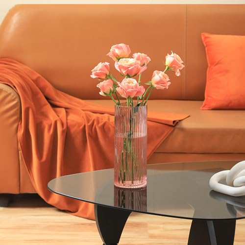 Pink Glass Vase for Flowers Ribbed Glass Vase, Pink Flower Vase, Tall Cylinder Glass Vases for Centerpieces, Living Room, Bedroom, Dining Table, Office, Wedding, Bookshelf Decoration,10 Inches - color: Pink, size: 10''