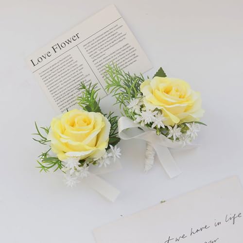 Corsage and Boutonniere Set, Handmade Artificial Peony Rose Wrist Corsage Wristlet and Groom Boutonniere for Men Wedding Prom Suit Decorations (Yellow) - color: Yellow