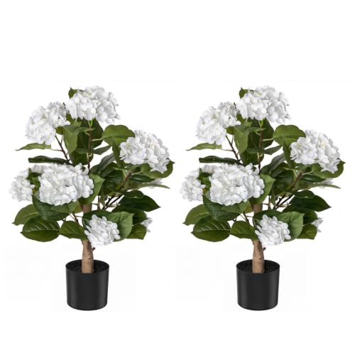 Artificial Hydrangea Flowers Tree for Outdoors, Sturdy 2FT Fake Plants with Weighted Pot, UV Resistant White Artificial Flowers for Front Porch & Home Decor, 2 Pack - color: Hydrangea Trees White