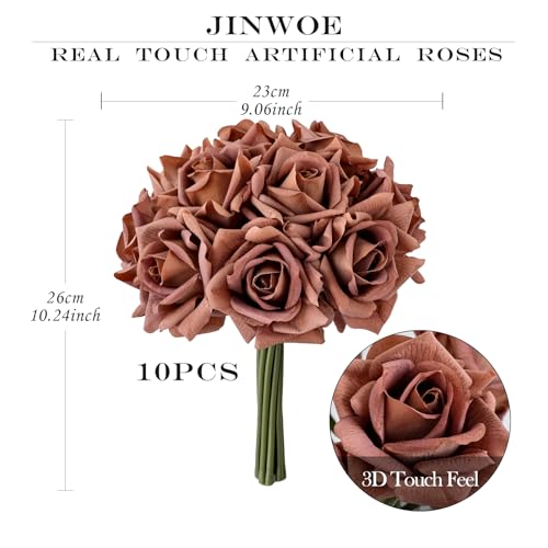 JINWOE 10pcs Artificial Roses Single Stem Faux Rose for Wedding Table Centerpieces Party Home Decoration (Coffee) - color: Coffee