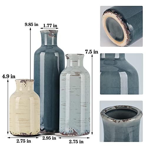Multicolor Ceramic Vase Set of 3 - Coastal Rustic Farmhouse Decor Flower Vases for Shelf, Dining Room Table, Fireplace Mantel, Living Room, Coffee Table, Tabletop, Kitchen Cabinet, Entryway Decoration - color: Blue Grey Beige