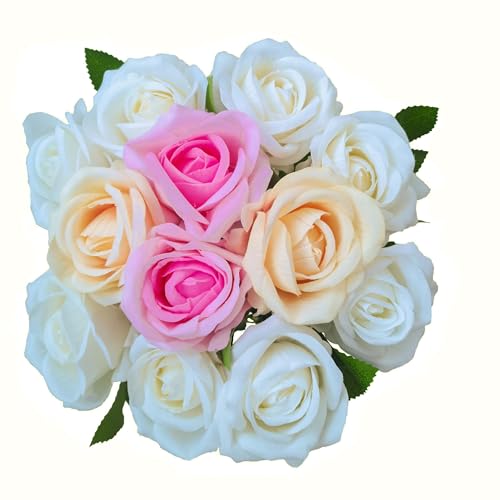 12PCS Artificial Realistic Silk Fake 3-Colored Roses Long Stem | 3 Colors Mixed Roses For Wedding Decoration, Party Table Decoration, Valentines Mother's Day - color: 8 White/2 Pink/2 Champagne